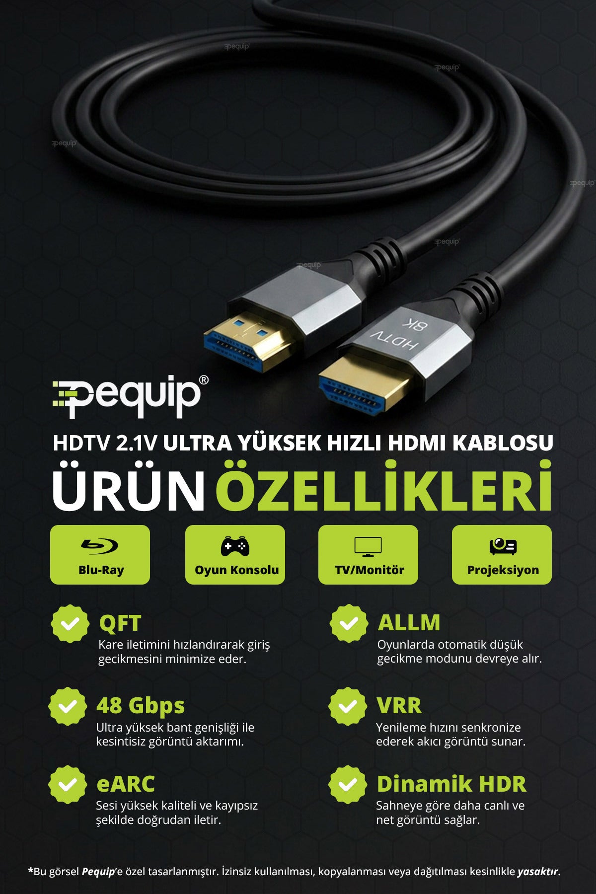 2 Metre HDMI 2.1 8K Ultra HD Kablo 48Gbps HDR eARC 4K PS5 Xbox Monitör TV Projektör Dolby Vision Dynamic HDR ARC